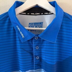 Pelagic Mens Performance Polo Shirt Blue Marlin Striped UV Protection XL